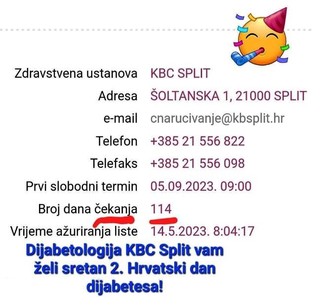 Lista čekanja na dijabetologa od 114 dana u KBC Split